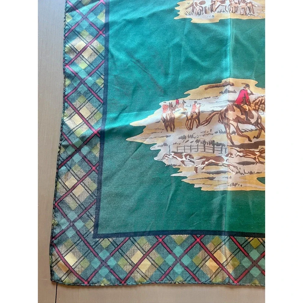 Vintage Equestrian Scarf Fox Hunt Plaid Satin Scarf‎ Green Preppy Classic Horse